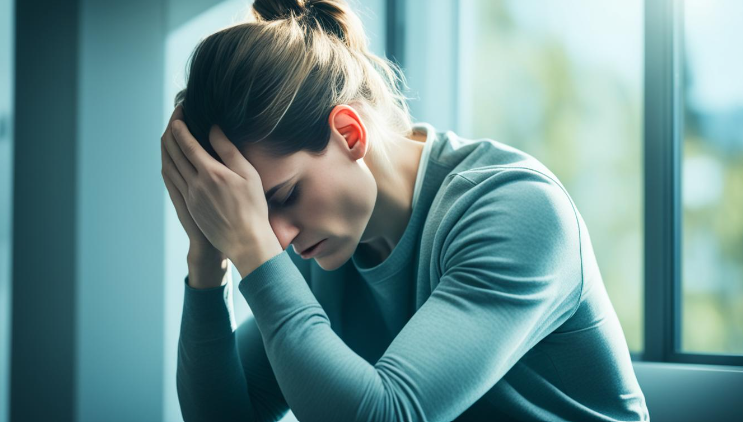 The image shows a person sitting with their head in their hands, conveying a sense of deep stress, frustration, or sadness. The individual appears to be indoors, near a window with soft daylight filtering through, which highlights their tense posture and furrowed brow. The person’s clothing and surroundings suggest a casual, modern environment, but their expression and body language indicate they may be overwhelmed by their emotions.