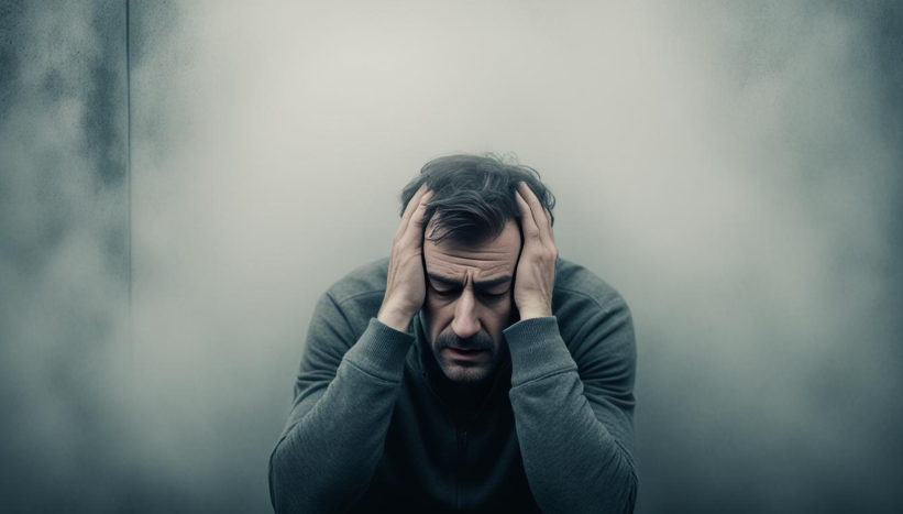 The image depicts a man sitting alone, gripping his head with both hands, clearly distressed and overwhelmed. His face shows a pained expression, and his closed eyes and furrowed brow suggest deep anguish or mental exhaustion. The background is muted and slightly blurred, drawing focus to the man's emotional turmoil. The overall atmosphere of the image conveys a sense of isolation, despair, and intense inner struggle.