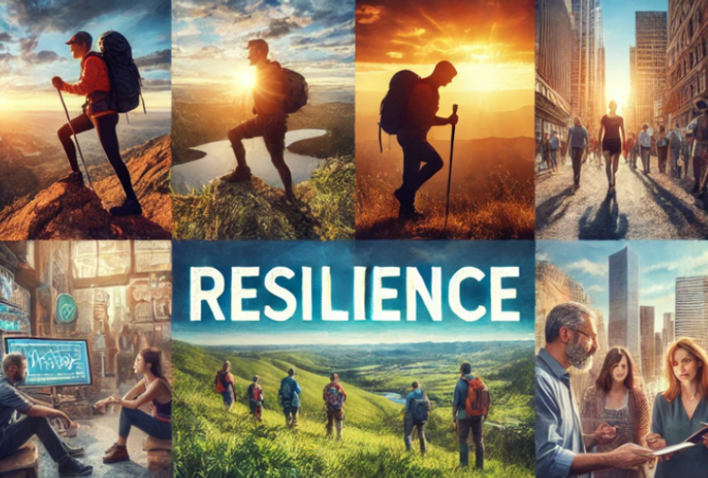 This collage visually represents the concept of resilience through various dynamic scenes. The top row showcases resilient individuals hiking through breathtaking landscapes at sunrise and sunset, symbolizing their strength and persistence in overcoming adversity. In the center, the word "RESILIENCE" boldly captures attention, surrounded by hikers journeying through open hills. The bottom row transitions to urban environments, depicting resilient people collaborating and problem-solving in professional settings. The image emphasizes the theme "Resilient People: 10 Traits of Highly Resilient People," portraying traits like perseverance, adaptability, optimism, and teamwork across both natural and urban landscapes. The warm, glowing light reinforces the energy and hope that resilient people embody.