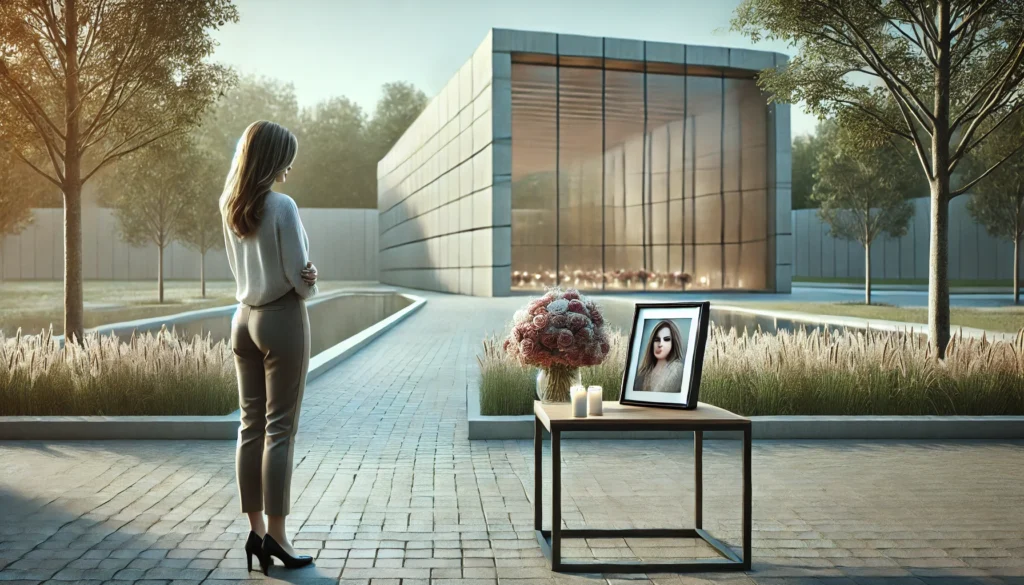 A mother stands solemnly in front of a modern memorial building created in memory of her late daughter. Beside her, a table displays a framed portrait of her daughter and a bouquet of flowers, symbolizing remembrance and love. This poignant scene reflects the theme of How to Start a Foundation in Memory of a Loved One, highlighting the significance of honoring legacies through meaningful contributions.