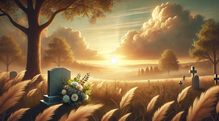 A peaceful cemetery scene at sunrise, symbolizing the theme In Memory of the Loved One. In the foreground, a gravestone is lovingly decorated with a bouquet of soft white and pastel flowers. Tall, golden grasses sway gently around it, as the warm sunlight streams through dramatic clouds in the sky. The scene evokes a sense of reflection and remembrance, with scattered trees and distant gravestones completing the tranquil landscape, creating a poignant tribute to the memory of a loved one.