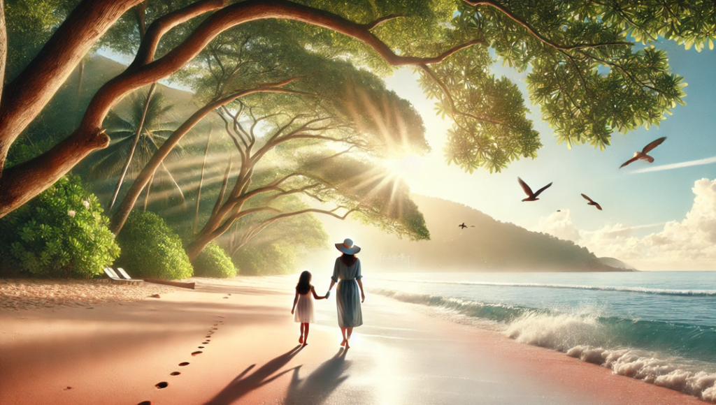 A serene beach scene at sunrise, featuring a mother and daughter walking hand-in-hand along the sandy shore. The mother, dressed in a flowing light blue dress and a wide-brimmed hat, leads her young daughter, who is wearing a white dress. Lush green trees with sprawling branches create a natural canopy above, while gentle waves lap at the shore, leaving soft footprints in the sand.