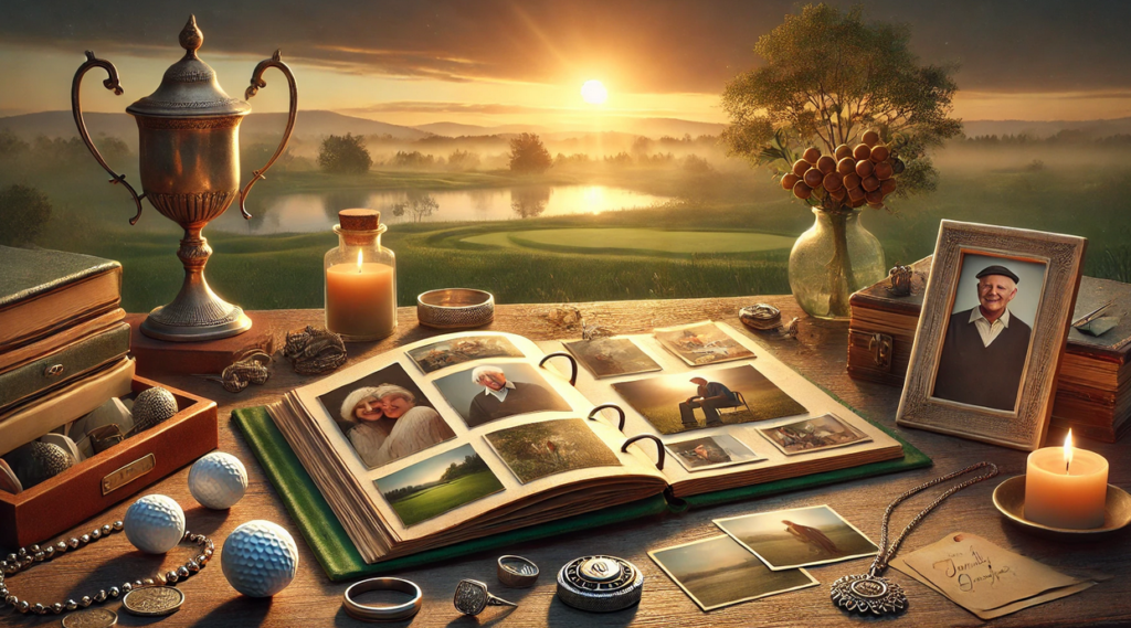 A nostalgic and heartwarming scene capturing a collection of cherished memories on a wooden table. In the foreground, an open photo album displays various photographs of loved ones, including images of joyful moments and reflections. A lit candle adds a warm glow, while a vintage trophy sits proudly beside a vase filled with dried flowers. Other items include a wooden box containing golf balls, several rings, and a delicate silver necklace, symbolizing treasured memories. In the background, a serene landscape with rolling hills and a sunset creates a peaceful atmosphere, enhancing the sentimentality of the scene.