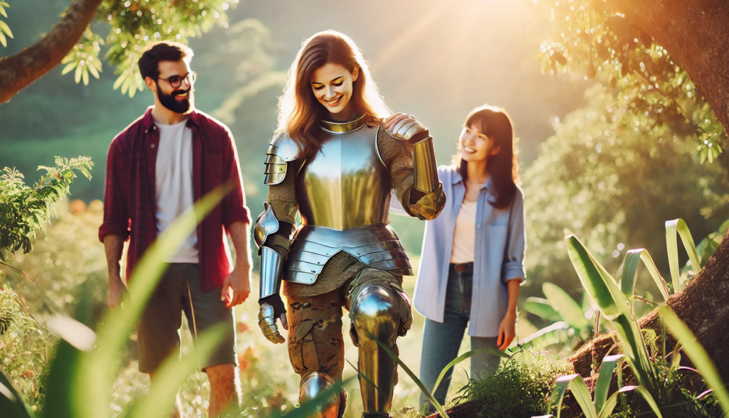 A bright, cheerful scene of a woman dressed in shining medieval armor, walking through a sunlit forest with two friends. The woman is smiling as she lifts her armored shoulder, while her friends walk beside her, offering support and encouragement. The sunlight filters through the trees, casting a warm glow over the group and illuminating the lush greenery surrounding them. The mood is lighthearted, with the contrast between the heavy armor and the relaxed atmosphere creating a sense of strength and camaraderie.