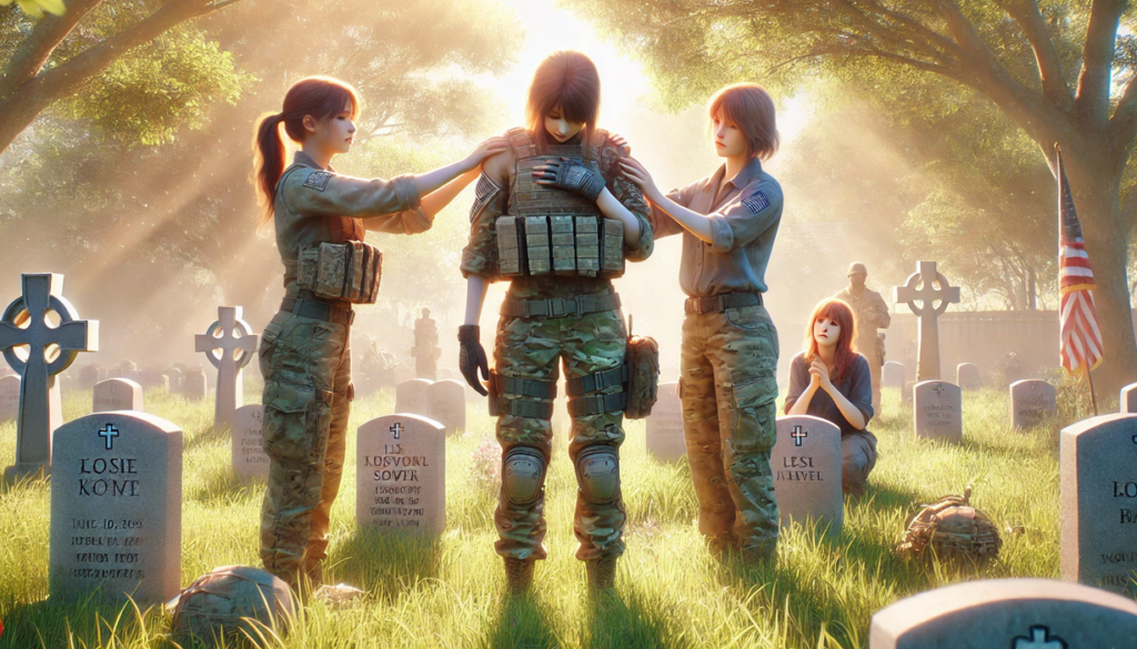 "A bright, solemn scene of a group of soldier women gathered in a cemetery. One soldier stands in the center, bowing her head as two other soldiers place their hands on her shoulders, offering comfort and support. They are surrounded by tombstones, and sunlight filters through the trees, casting a peaceful glow over the graveyard. Another soldier kneels beside one of the graves, deep in thought. The atmosphere is reflective, with the soldiers sharing a moment of quiet solidarity as they honor their fallen comrades.