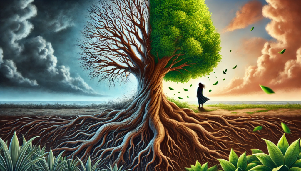 This image shows a tree with deep roots dividing two contrasting environments. On the left, a stormy, barren landscape, and on the right, a bright, green scene with a woman standing under the flourishing branches.