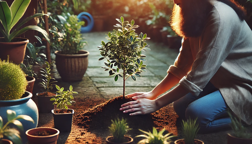 A woman is kneeling in a lush garden, planting a young tree in rich soil. Around her, various potted plants and greenery bask in the warm sunlight, creating a tranquil gardening scene. She is focused on her task, gently pressing the soil around the base of the tree to secure it. The setting conveys a peaceful afternoon spent caring for plants.