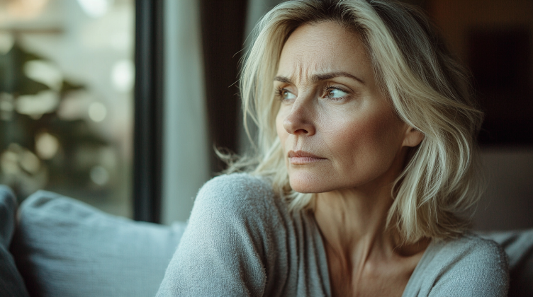 A middle-aged woman with blonde hair is gazing pensively out of a window. She has a serious, contemplative expression, with slightly furrowed brows and soft lighting highlighting her features. She is wearing a light-colored sweater and appears to be deep in thought