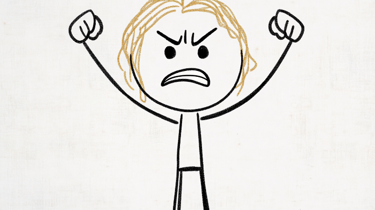 A simple stick figure drawing of a person with long hair, looking angry. The figure has their fists raised, eyebrows furrowed, and a wide frown to express frustration or anger.