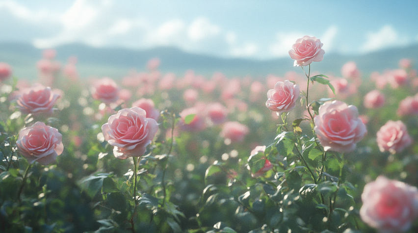 "A serene field filled with soft pink roses blooms under a bright, clear sky, stretching out towards distant hills. The delicate roses, bathed in gentle sunlight, evoke a sense of calm and renewal, raising the question, 'Does Grief Ever Go Away?' The peaceful landscape suggests that while grief may linger, beauty and growth can emerge, reminding us that healing is possible even amidst loss."