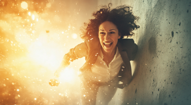 This dynamic image captures a woman in a powerful, exhilarating moment, embodying the essence of "How to Feel Your Emotions." She is depicted running fiercely towards the viewer, her expression intense and joyous, set against a backdrop of explosive, bright lights that suggest a burst of energy and emotion.