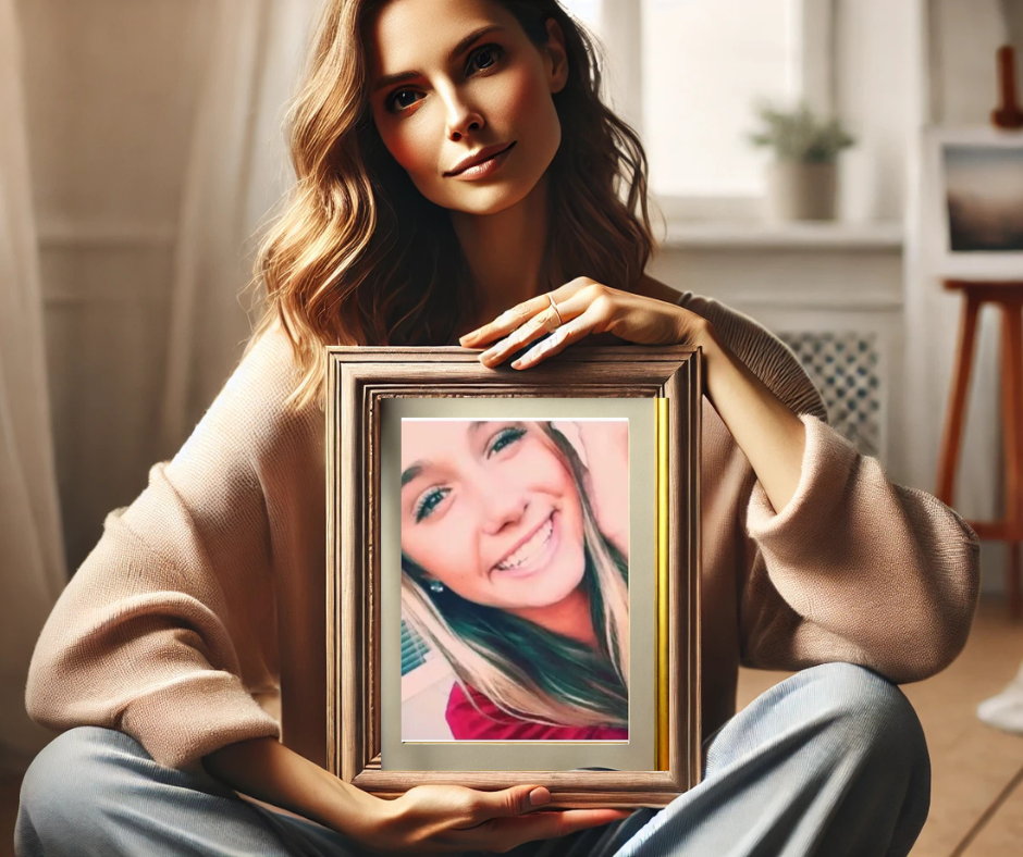 A woman sits solemnly, holding a framed photo of a smiling young girl, reflecting a poignant moment of remembrance. The image captures the deep sorrow and love felt after the sad death of a cherished loved one.