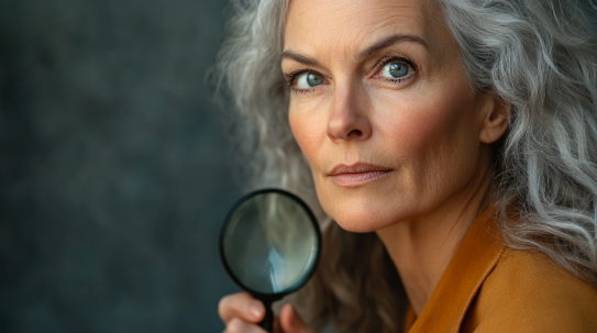 This compelling image features a mature woman with striking gray hair and piercing blue eyes, holding a magnifying glass close to her face. She wears a mustard yellow blazer that adds a touch of elegance to her thoughtful expression. The magnifying glass, positioned near one eye, symbolizes a deeper examination or introspection, resonating with the concept of "How to Feel Your Emotions." The image suggests a narrative of self-discovery and emotional exploration, as if she is searching for clarity or looking closer at her own feelings and experiences.