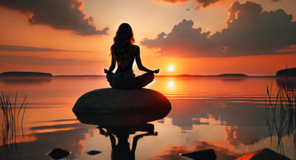 This serene image captures a woman sitting in a meditative pose on a rock, perfectly centered in the tranquil waters of a lake at sunset. Her silhouette is backlit by the vibrant hues of the setting sun, which casts a golden glow across the sky and the still water, reflecting like a mirror. This peaceful scene evokes the practice of mindfulness and meditation as methods for "How to Feel Your Emotions," encouraging a connection with inner tranquility and the surrounding natural beauty. The setting promotes a sense of calm and reflection, ideal for emotional exploration and understanding