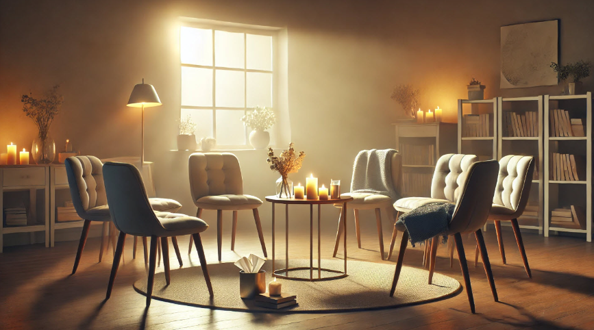 A softly lit room arranged in a circle of empty chairs and surrounded by candles creates a somber atmosphere, evoking a sense of support and remembrance following a sad death.