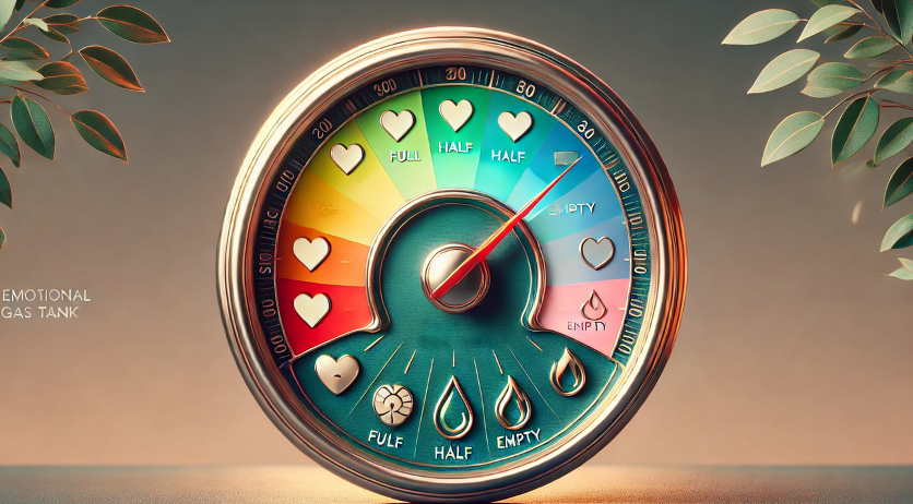 This image visually represents an Emotional Gas Tank, depicted as a gauge with indicators ranging from "Full" to "Empty." The vibrant colors transition from green (full) to yellow (half) and red (empty), symbolizing the levels of emotional energy. Heart symbols mark the stages of fullness, while droplets indicate depletion. The needle points toward "Empty," emphasizing the need for refueling. Surrounding plants add a calming, natural element, reinforcing the importance of emotional well-being and balance. This serves as a metaphor for recognizing and managing your emotional energy.