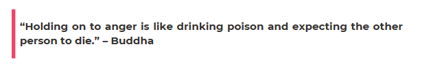 The image displays a quote attributed to Buddha: "Holding on to anger is like drinking poison and expecting the other person to die." This quote highlights that "Anger is the Primary Emotion Connected to Conflict," emphasizing the self-destructive nature of retaining anger in interpersonal conflicts.