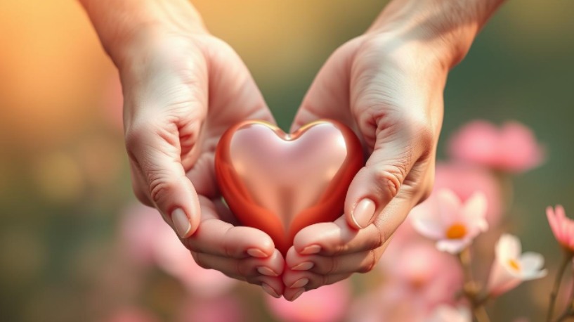 Hands gently holding a glowing heart against a backdrop of soft pink flowers, symbolizing care and compassion. The image represents "Understanding the Difference Between Emotional Needs and Wants," highlighting the importance of nurturing essential emotional connections over fleeting desires.