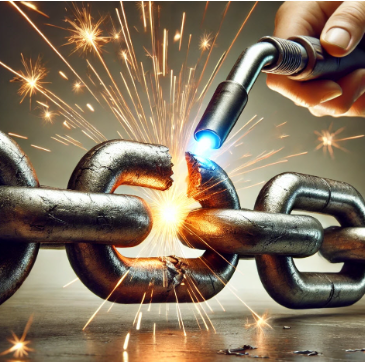 "An image of a metal chain being welded and repaired, with sparks flying from the welding tool. The visual symbolizes rebuilding strength and overcoming damage, which can relate to how emotionally immature parents affect children’s confidence by creating emotional challenges that may require effort and support to mend and rebuild self-esteem."