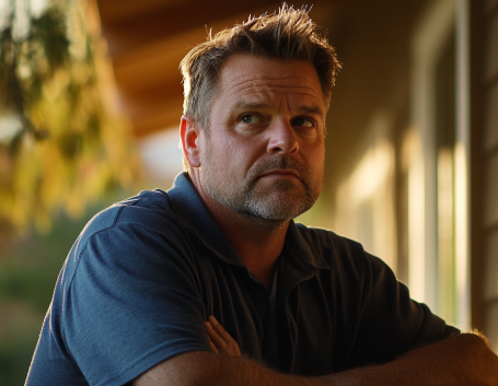 A middle-aged man with short, slightly unkempt hair and light stubble sits outdoors on a porch, arms crossed, gazing into the distance with a serious and contemplative expression. The warm, golden sunlight casts a soft glow on his face, emphasizing his thoughtful demeanor. His posture and facial expression suggest he is deep in thought, possibly reflecting on an important issue. This image could represent someone preparing for an important discussion, highlighting the challenge of how to start a difficult conversation with honesty and confidence.