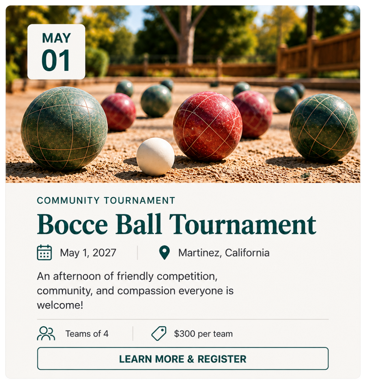 Bocce Ball Tournament, May 1, 2027 in Martinez, California
